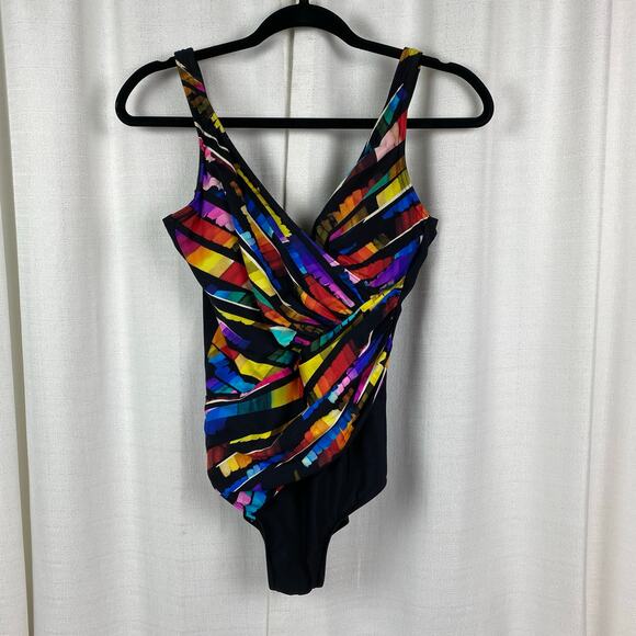 Miraclesuit Black&Rainbow Multi Ruched One Piece Swimsuit Sz.10 - Picture 1 of 14